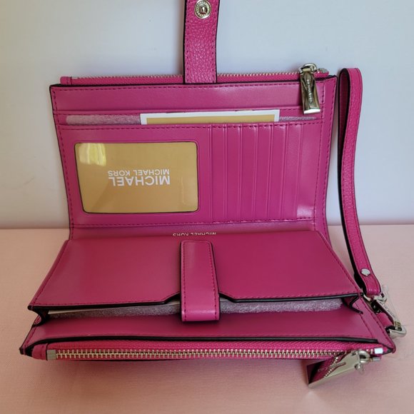 MICHAEL KORS Jet Set Double Zip Pebbled Leather Wristlet- Cerise 🎈$114.⭐ - Picture 15 of 16
